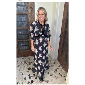 RIXO Black Floral Tie Neck Front Petra Floral 3/4 Sleeve A-Line Maxi Dress US 12